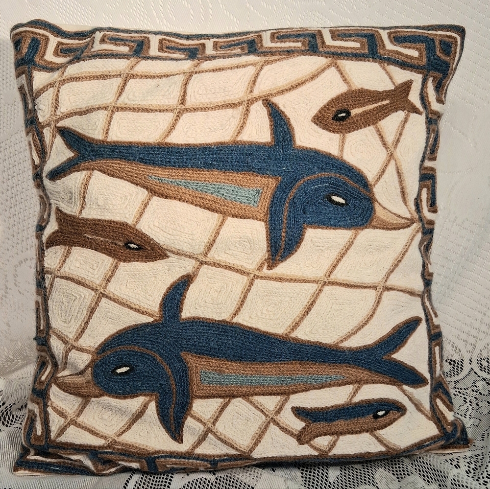 Greek Embroidered Dolphin Design Pillow / Cushion   6192
